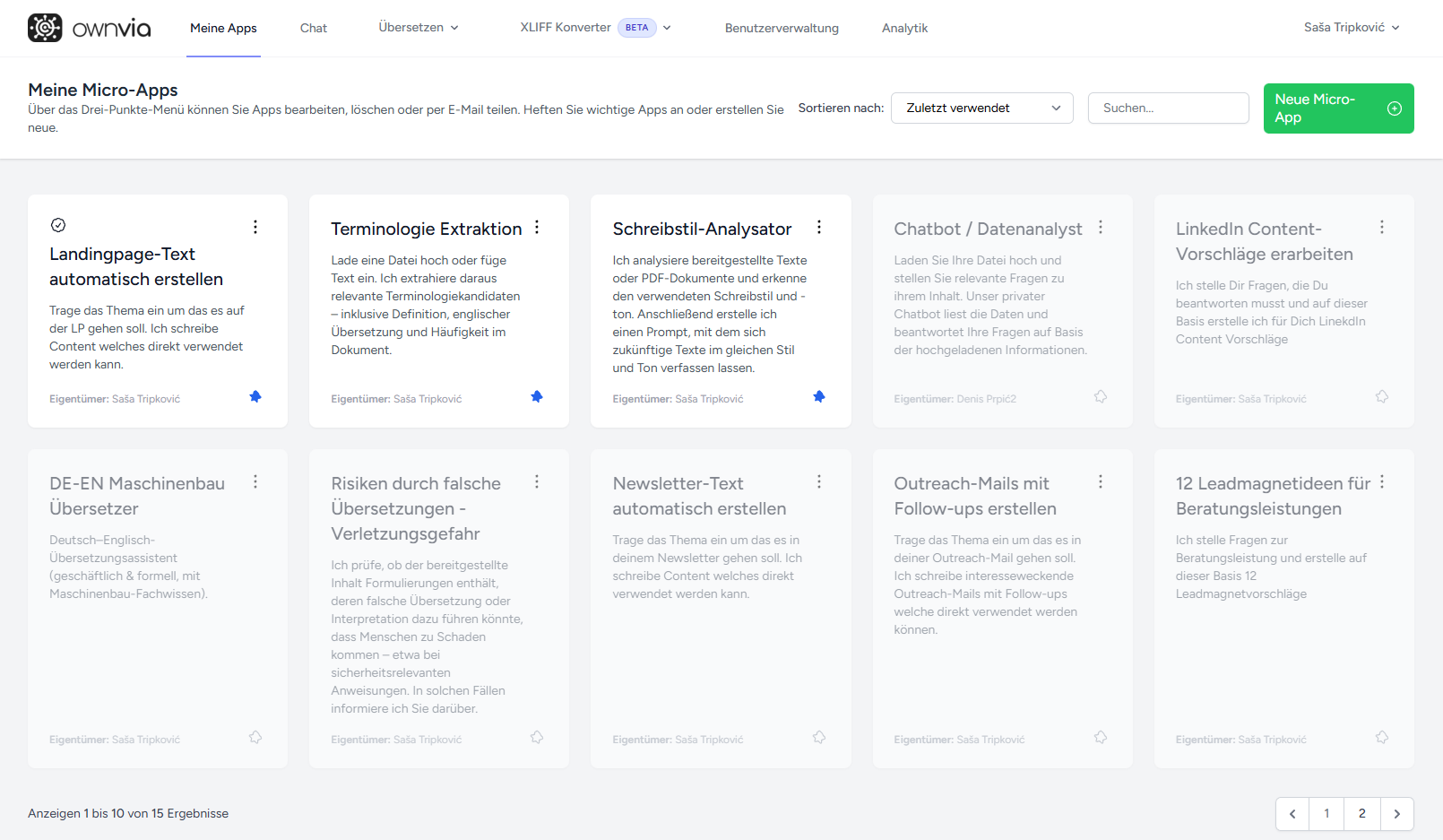 ownvia Enterprise – Übersicht der Micro-Apps mit verschiedenen KI-Tools wie Landingpage-Generator, Terminologie-Extraktion, Schreibstil-Analysator, Chatbot/Datenanalyst und Übersetzungs-Apps.